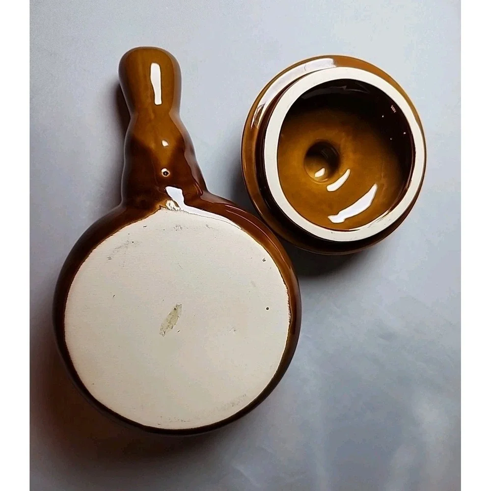 Vintage Lot 2 Glazed Stoneware French Onion Soup Crock‎ Bowls Handles & Lids NOS